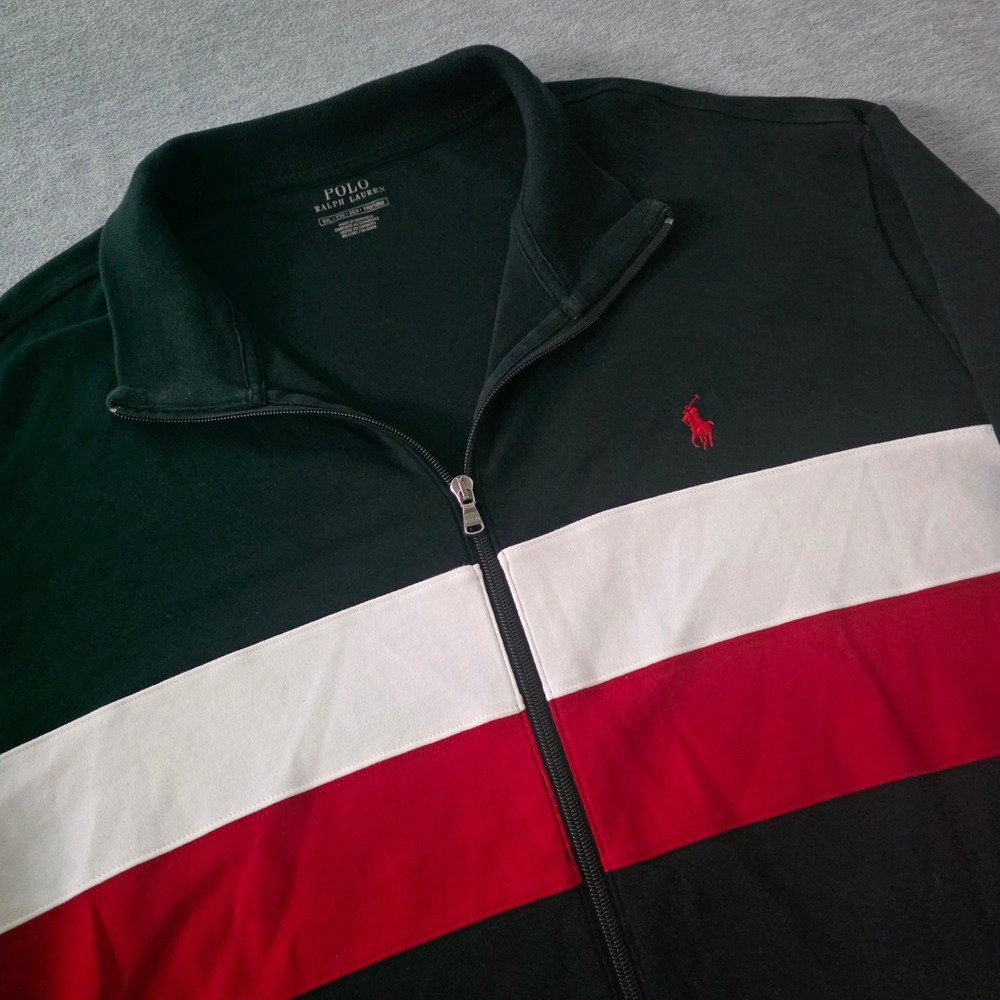 Polo Ralph Lauren Mens XXL Track Jacket Black White Red Colorblock Full Zip Pony